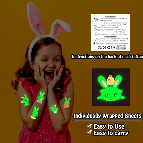 Partywind Luminous Easter Party Decorations, 24 Individually Wrapped Sheets Temporary Tattoos for Kids Easter Basket Stuffers, Easter Tattoo Stickers for Party Supplies Gifts