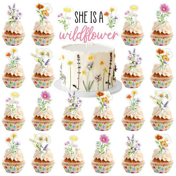 25 Pcs Wild Flower Theme Birthday Cake Topper and Cupcake Toppers Set,Birthday Party Supplies for Kids Boys,Birthday Cake Decorations