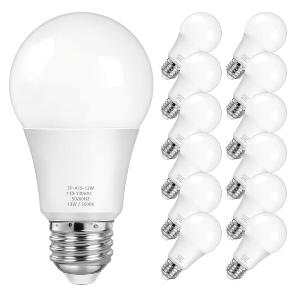 MAXvolador A19 LED Light Bulbs 1500LM, 100-125 Watt Equivalent LED Bulbs, 5000K Daylight White 13-Watt, E26 Base, Non-Dimmable, No Flicker, 12-Pack