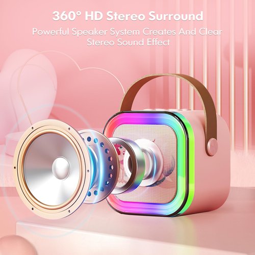 UNIH Mini Bluetooth Karaoke Machine for Kids, Portable Karaoke Speaker with 2 Wireless Mics, Toys for Girls Boy Ages 4, 5, 6, 7, 8, 9, 10, 12 +Year Old Festival Birthday Party（Pink