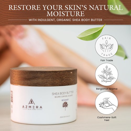 AZMERA Shea Body Butter for Women & Men – Fair-Trade, Organic Shea Butter & Pure Argan Oil Rich in Antioxidants & Vitamin E – Vegan, Raw Shea Butter from Africa Skin Care, Bergamot, 8.82Oz
