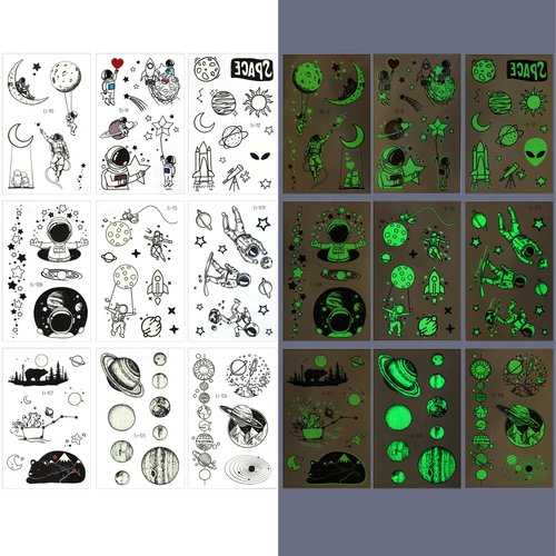 Jeffdad 9 Sheets Luminous Space Temporary Tattoos, Funny Planet Temporary Tattoos Glow Stickers Kids Temporary Tattoos for Party Supplies for Boys Children Outer Space Party Favors (Green Luminous)