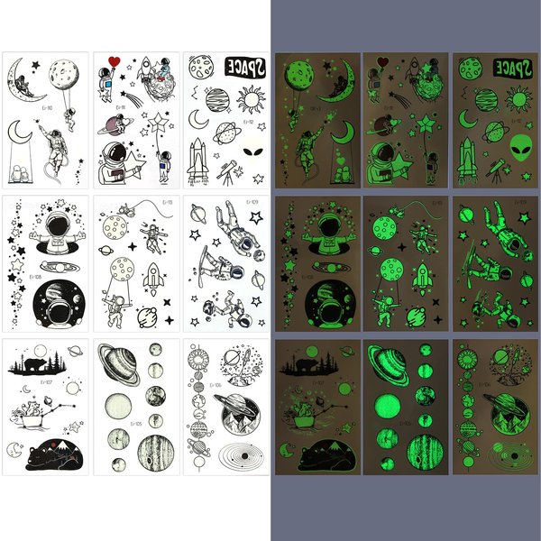 Jeffdad 9 Sheets Luminous Space Temporary Tattoos, Funny Planet Temporary Tattoos Glow Stickers Kids Temporary Tattoos for Party Supplies for Boys Children Outer Space Party Favors (Green Luminous)