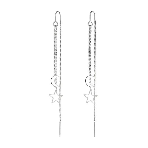 Tassel Moon Star Threader Drop Dangle Earrings for Women Girls Cute Hollow Star Sterling Silver Plated Long Chain Hanging Earrings Minimalist Dangling Hypoallergenic Piercing Gifts Daughter Birthday