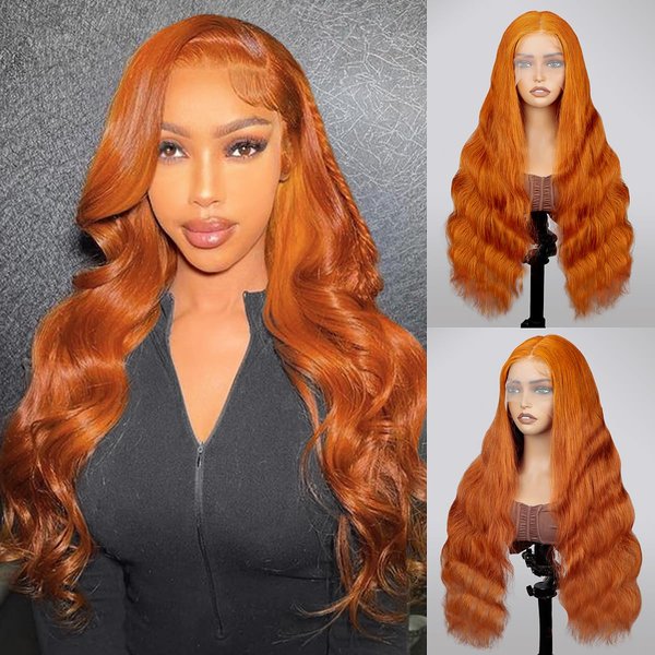 13x6 Ginger Body Wave Lace Front Wigs Human Hair Orange Colored Lace Frontal Wig 200 Density Pre Plucked with Baby Hair HD Transparent Lace 350 Color Wig Bleach Tiny Knots 26 Inch