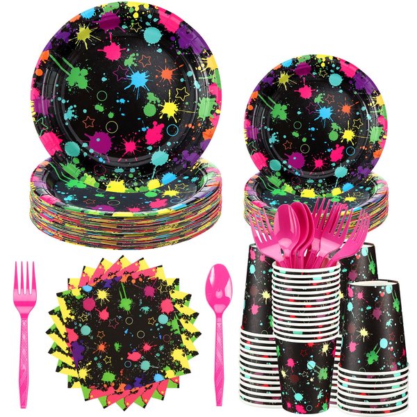 Yingzhao 180 Pcs Neon Birthday Party Paper Plates and Napkins Cups Supplies Disposable Glow Tableware Decoration Utensils Included for Glow in the Dark Party Decorations, Serve 30 Guests(Neon Party)
