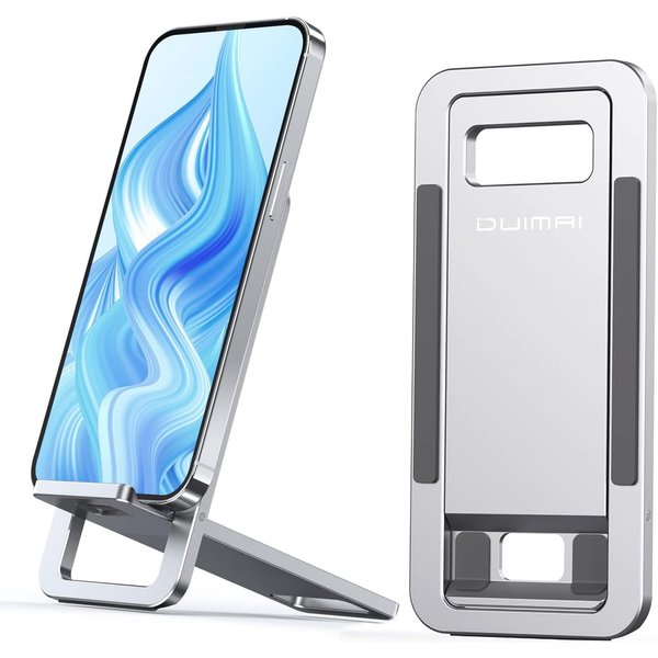 duimai Phone Stand All-in-one Folding Slim Portable Aluminum Adjustable Phone Holder for Desk Portable Travel Holder Office Desk Accessories (Silver)
