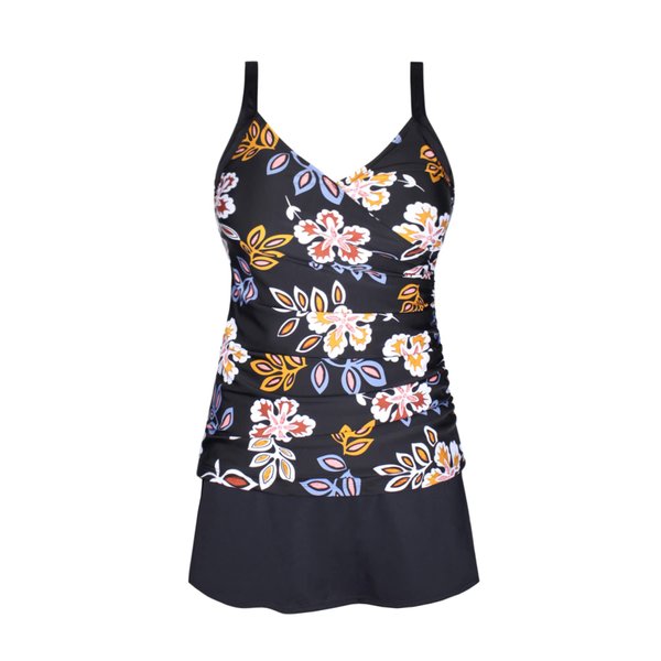 JINXUEER Plus Size Swimsuits Ruched Modest Swimdress Floral Tankini Swimwear Two Piece Skirt Bathing Suit for Women Blackflower