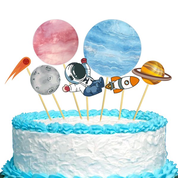 Planet Outer Space Cake Topper，Rocket Astronaut Cake Topper，Outer Space Spaceship Themed Kids Children Party Supplies，Kids Suit Cake Picks Themed Party Supplies Astronaut Cupcake Toppers.