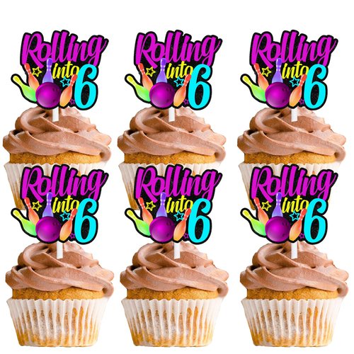18pcs Glitter Bowling Ball Dessert Cupcake Topper Bowling Rolling into 6 Theme Decor Supplies Boys Girls Happy 6th Birthday Party Decorations
