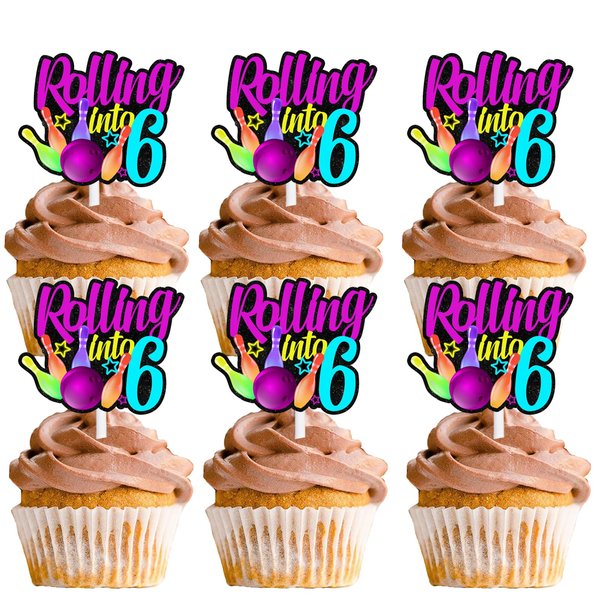 18pcs Glitter Bowling Ball Dessert Cupcake Topper Bowling Rolling into 6 Theme Decor Supplies Boys Girls Happy 6th Birthday Party Decorations