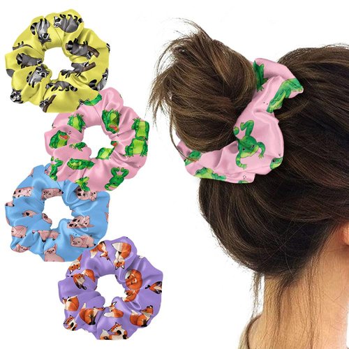 WIRESTER 4 Pcs Satin Hair Scrunchies, Silk Hair Ties, Soft Elastic Hair Bands Ponytail Holder, Silky Curly Hair Accessories for Women Girls - Fox Raccoon Pig Frog Playful Postures
