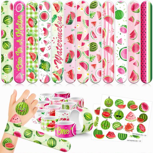 48 PCS Watermelon Party Favors 24PCS Tattoos Stickers 24PCS Slap Bracelets Wristbands Perfect for Watermelon Themed Birthday Baby Showers or Classroom Rewards Ideal Decor and Gifts for Girls and Boys