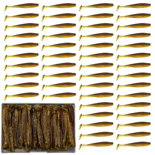 Funzhan 50Pcs Plastic Soft Bait Shad Fishing Lures Proven Colors Natural Oils Paddle Tail Swimbaits for Bass Freshwater Saltwater Crappie Trout Catfishing