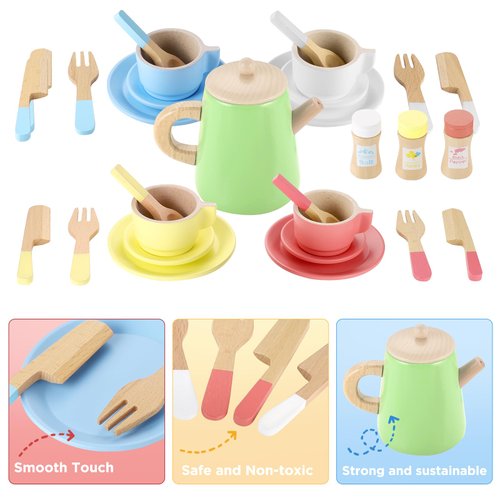 GAGAKU Wooden Tea Set and Wooden Play Dishes 2 in 1 Play Food Set Toy 28 PCS Montessori Wooden Play Kitchen Accessories Kitchen Toy for Toddlers Wooden Play Cooking Set for 3-8 Years Girls and Boys