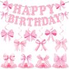 Papiailove Pink Bow Birthday Decorations, Coquete Birthday Party Decorations Set Happy Birthday Banner Ribbons Hanging Swirls Honeycomb Centerpieces for Girls Birthday Party Supplies
