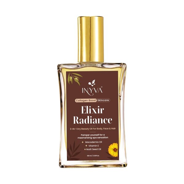 INYVA Elixir Radiance 3-in-1 Luxurious Dry Beauty Oil | Nourishing Vitamin E & Macadamia Oil | Versatile Oil for Body, Face & Hair | Hydrating, Non Greasy & Lightweight | Radiant Glow - 3.38 Oz