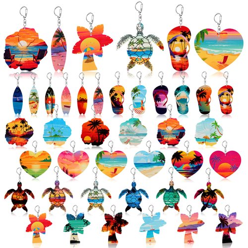Bucherry 36 Pcs Beach Favors Keychain Gifts Set Wooden Bulk Surfboard Slippers Sea Turtle Coconut Tree Bible Keychains for Beach Hawaiian Florida Bahamas Souvenirs Luau Party Favors (Cute Style)