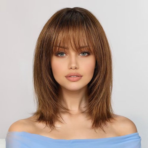 KKU 12 Inch Ombre Brown Wigs Human Hair for Women, Remy Human Hair Wigs, Human Hair Wigs with Bangs