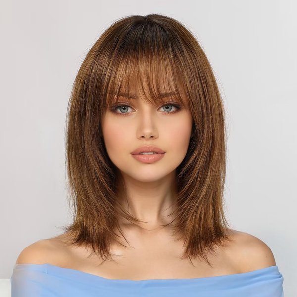 KKU 12 Inch Ombre Brown Wigs Human Hair for Women, Remy Human Hair Wigs, Human Hair Wigs with Bangs