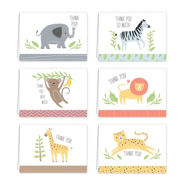 Jungle Animal Baby Thank You Greeting Cards / 36 Note Cards / 6 Child Safari Thanks Designs / 3 1/2" x 4 7/8" Baby Shower Birthday School Appreciation Cards/Made In The USA