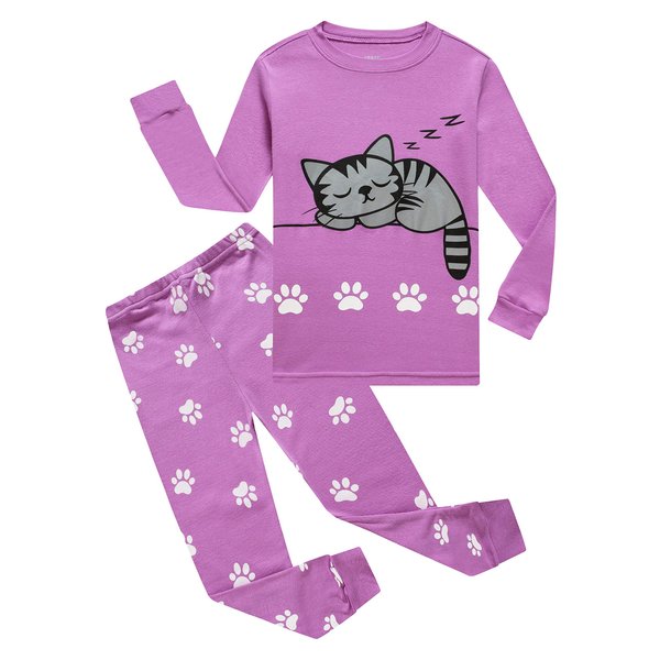 KikizYe Cat Big Girls Long Sleeve Pajama Sets 100% Cotton Pjs Size 10