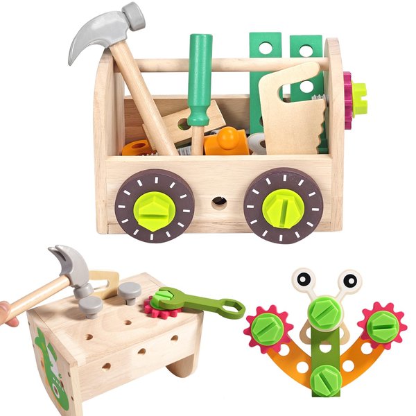 MICKYU 41 Pcs Wooden Tool Set for Toddlers, Montessori STEM Pretend Play Construction Toys Gifts for 3 Years Boys Girls