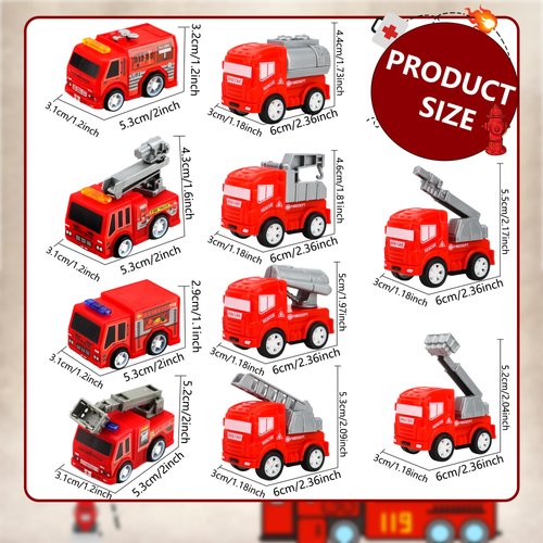 Octaday 30 Pcs Mini Pullback Fire Truck Toy Small Fire Trucks Toy Bulk Red Emergency Vehicle Toy Car for Firefighter Party Supplies Bag Filler Gift, 10 Styles