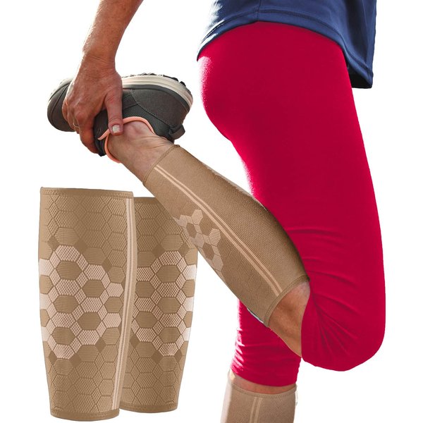 Sparthos Calf Compression Sleeves (Pair) – Leg Compression Socks for Men and Women – Shin Splint Calf Pain Relief Calf Calves Blood Circulation Sports Support Running Walking Cycling Yoga (Beige-S)
