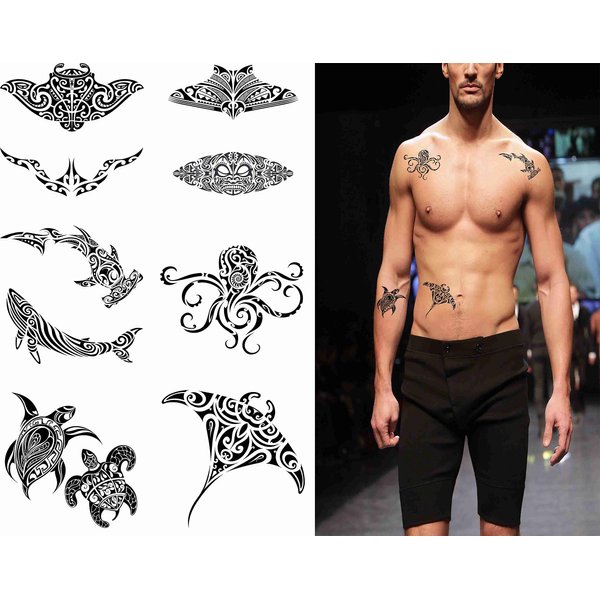 Tattoonova Maori 9 sheets Temporary Tattoos for Adults Men Women Manta Hammer Shark Tribal Style Humpback Whale Koru Octopus Seahorse Shell Art Belly E Fake Tattoo Kits Sets Neck Arm Hands Leg