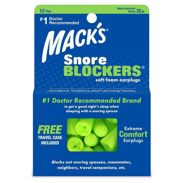 Mack’s Snore Blockers Soft Foam Earplugs, 12 Pair – 32 dB High NRR, 37 dB SNR – Comfortable Ear Plugs for Sleeping, Snoring, Loud Noise and Travel