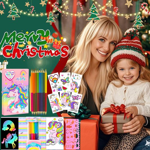 Unicorn Coloring Book Set with Coloring Pages & Colored Pencils, Art Supplies for Kids Ages 4-6-8, Arts Crafts Travel Coloring Kit for Girls 4 5 6 7 8 Year Old Christmas Birthday Gift