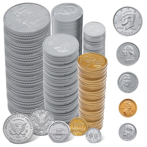 YTYOTO 1000 Pcs Fake Coins for Kids Learning, Plastic Play Coins for Teaching,200 Pennies, 200 Nickels, 200 Dimes, 200 Quarters, 200 Half-Dollars for Kids Pretend Play Store Or Cash Register