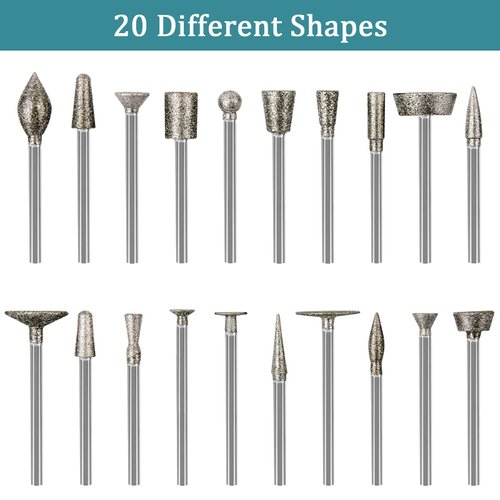 Stone Carving Set Diamond Burr Bits Compatible with Dremel, 20PCS Polishing Kits Rotary Tools Accessories with 1/8’ Shank For Carving, Engraving, Grinding, Stone, Rocks, Jewelry, Glass, Ceramics