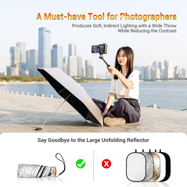 Portable Photographic Reflective Umbrella Silver, UPF 50+ UV Protection Sun Umbrella 42Inch Sun Blocking Travel Umbrella Rain Cover for Outdoor Photography Fill Light & Daily Sunshade Rain Protector