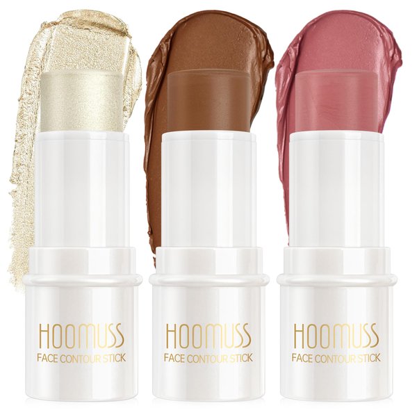 3Pc Cream Contour Stick Makeup, Hightlighter Makeup + Bronzer Stick + Cream Blush, Waterproof Cream Contouring Pen Non Stick Non Greasy, Long Lasting Lightweight Finish Face Makeup Kit，Neutral