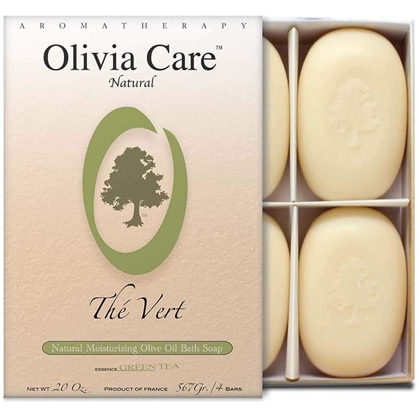 Olivia Care Bath & Body Bar Green Tea Soap 4 Pack Gift Box Organic, Vegan & Natural Contains Olive Oil Repairs, Hydrates, Moisturizes & Deep Cleans Good for Sensitive Dry Skin Made in USA