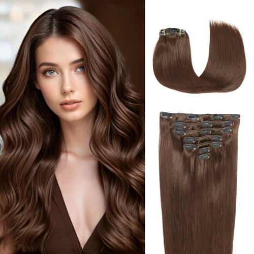 Clip in Human Hair Extensions Remy Chocolate Brown Hair Extensins Clip in Straight Real Hair Extensions Natural Hair 7pcs 120g 16 Inch