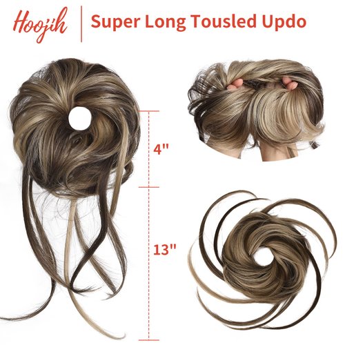 HOOJIH Messy Bun Hair Piece, Super Long Tousled Updo Hair Bun Extensions Wavy Hair Wrap Ponytail Hairpieces Hair Scrunchies with Elastic Hair Band HB007 Grace - Chocolate Brown Ash Blonde Highlights