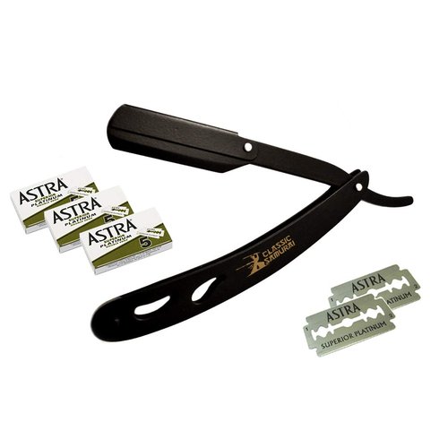 Classic Samurai CS-102 Matte Black Folding Straight Razor Shavette with 15 Astra Double Edge Razor Blades