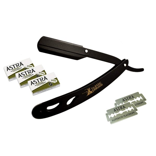 Classic Samurai CS-102 Matte Black Folding Straight Razor Shavette with 15 Astra Double Edge Razor Blades