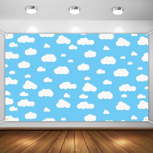 Aperturee Blue Sky White Cloud Banner 70.8 x 43.3 Inch Cartoon Story Natural Landscape Scenery Cute Cloud Design for Baby Showers Nursery Decor and Kids' Birthday Parties