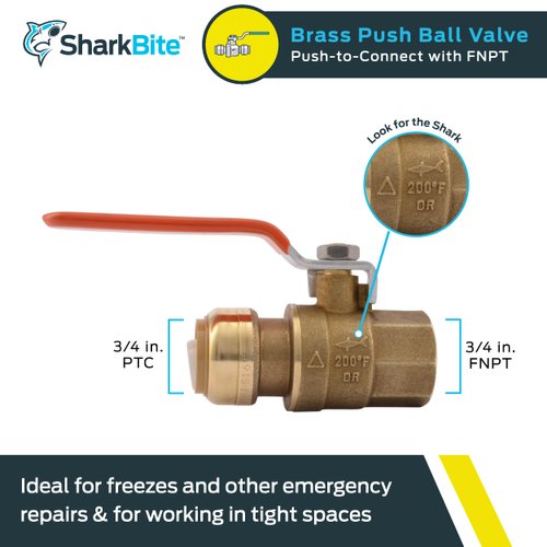 SharkBite 3/4 x 3/4 Inch Ball Valve with FNPT Connector, Push to Connect Brass Plumbing Fitting, PEX Pipe, Copper, CPVC, PE-RT, HDPE, 22186-0000LF