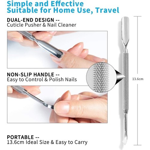 HaimiLiya Cuticle Pusher Dual-end Dead Skin Nail Pusher Nail Dirt Cleaner Tool Gel Polish Remover Tool, 420 Stainless Steel, No.04 Silver