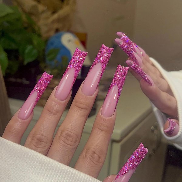 MISUD Press on Nails Extra Long Square Fake Nails Matte Glue on Nails Bling Glitter Acrylic Nails Squoval French Tip Artificial Nails Fuchsia Sparkly Sequins Stick on False Nails with Design 24 pcs