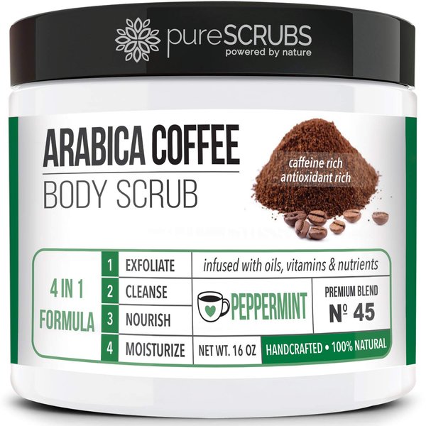pureSCRUBS Premium Organic Arabica Coffee Body Scrub Set - PEPPERMINT BLEND 16oz Anti Cellulite Scrub With Essential Oils & Nutrients + FREE Wooden Spoon, Loofah & Mini Organic Exfoliating Bar Soap