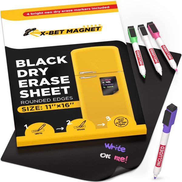 Black Dry Erase Magnetic Board for Fridge 16 x 11 Inch - Magnetic Dry Erase Whiteboard Sheet for Refrigerator - Dry Erase Paper Sheets - Magnetic White Board for Kitchen Home Office Locker