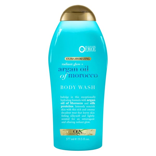 OGX Radiant Glow + Argan Oil of Morocco Extra Hydrating Body Wash for Dry Skin, Moisturizing Gel Body Cleanser for Silky Soft Skin, Paraben-Free, Sulfate-Free Surfactants, 19.5 fl oz