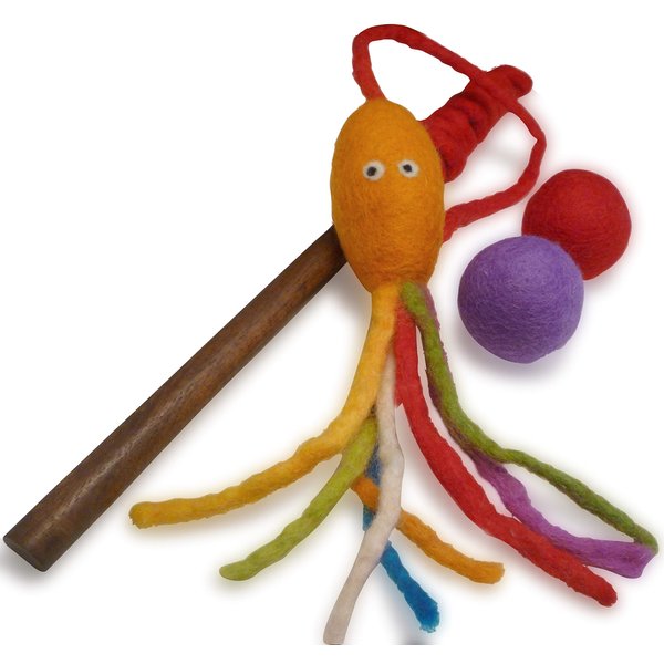 Earthtone Solutions Wool Cat Toy - Felted Wool Rainbow Squid Fish Wand Toy Plus 2 Felt Ball Toys for Indoor Cats and Kittens (Cat Squid Toy)