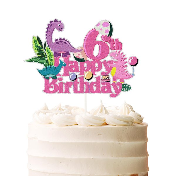 Pink Dinosaur Happy 6th Birthday Cake Topper, Royal Princess Six Birthday Number 6 Girl Dinosaur Cake Pick,Dino Theme Baby Shower Kids Girls 6 Years Old Party Decorations